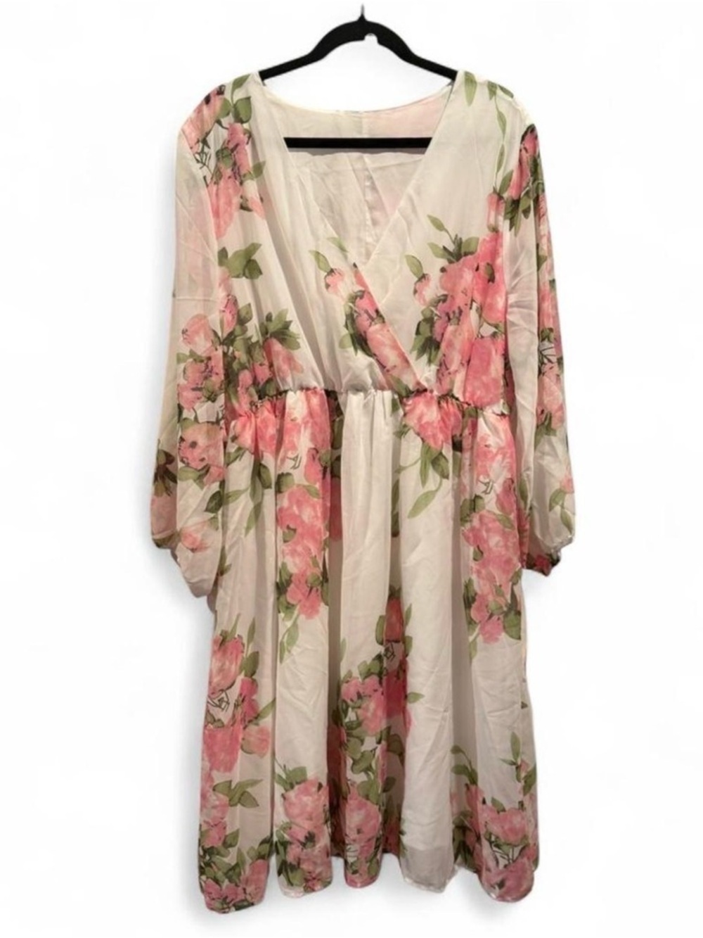SHEIN White Floral Midi Dress with Pink Roses